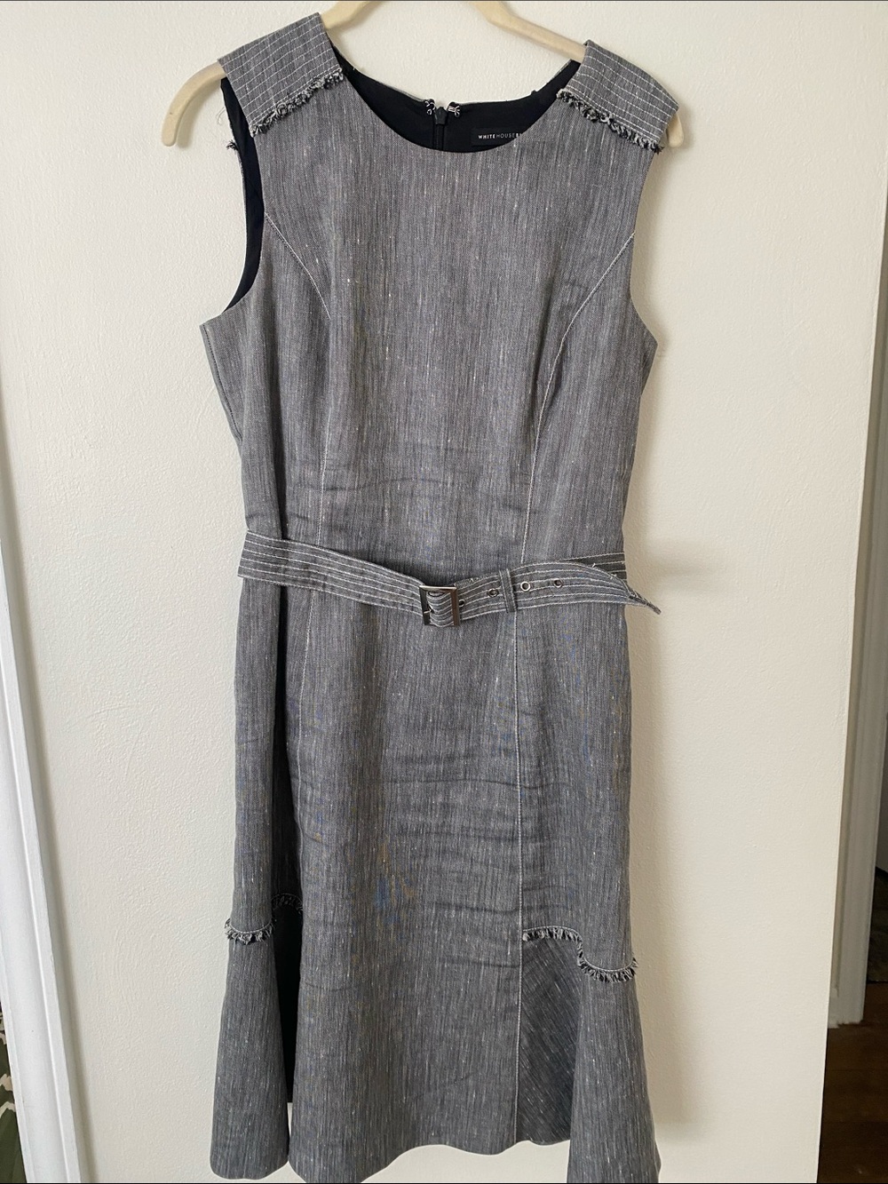 White House Black Market Gray Sleeveless Belted Tweed Dress